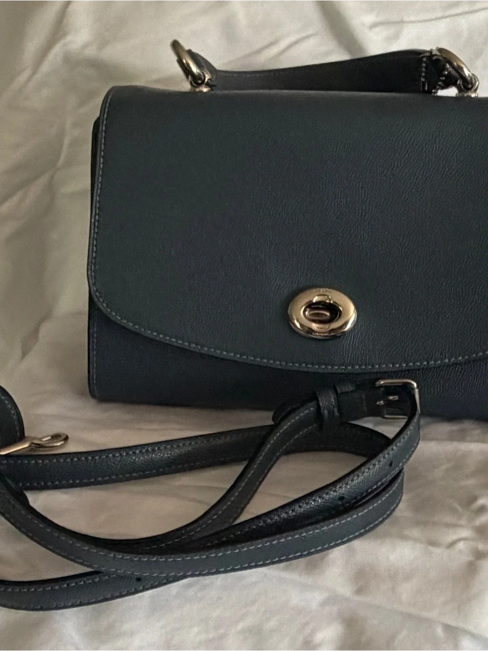 Coach Dark Blue Pebbled Leather Top-Handle Satchel with Gold Hardware